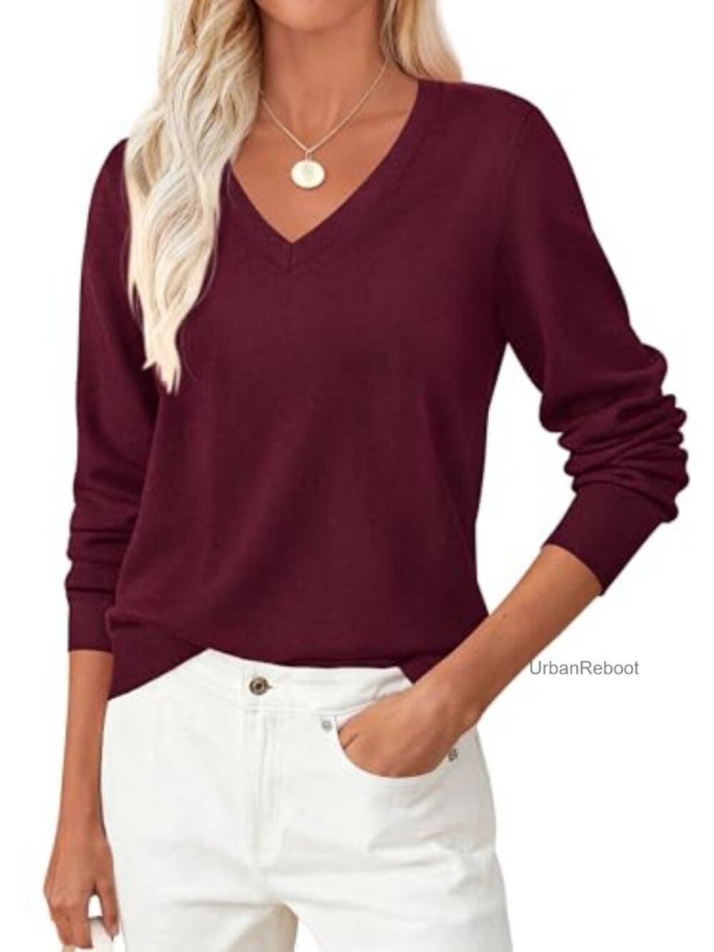 Cozy Knit Long Sleeve V Neck Pullover Sweater Ribbed Cuffs